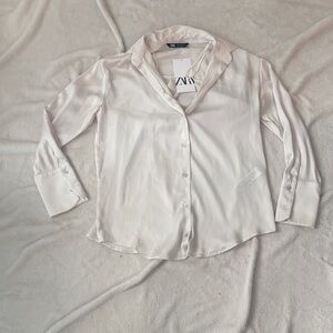 Zara Women's Satin Button-Down Shirt - Size S, Cream